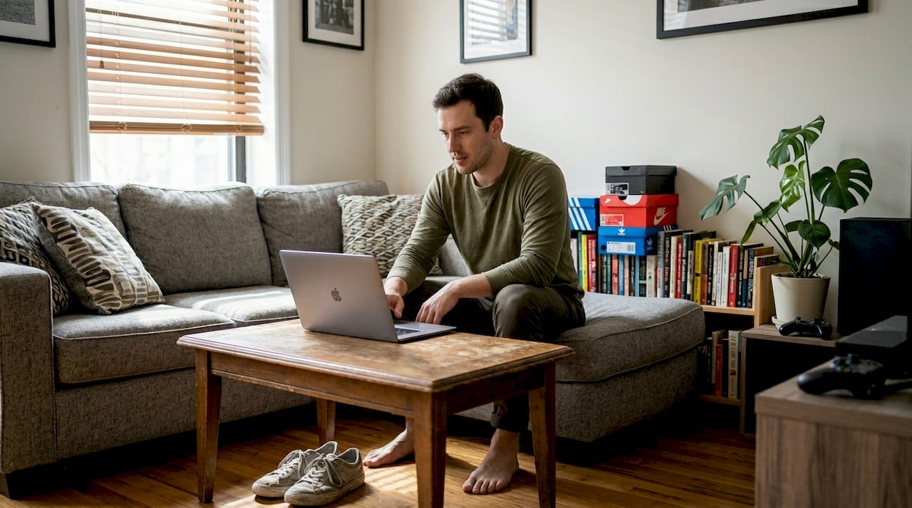Man researching sneakers on living room couch