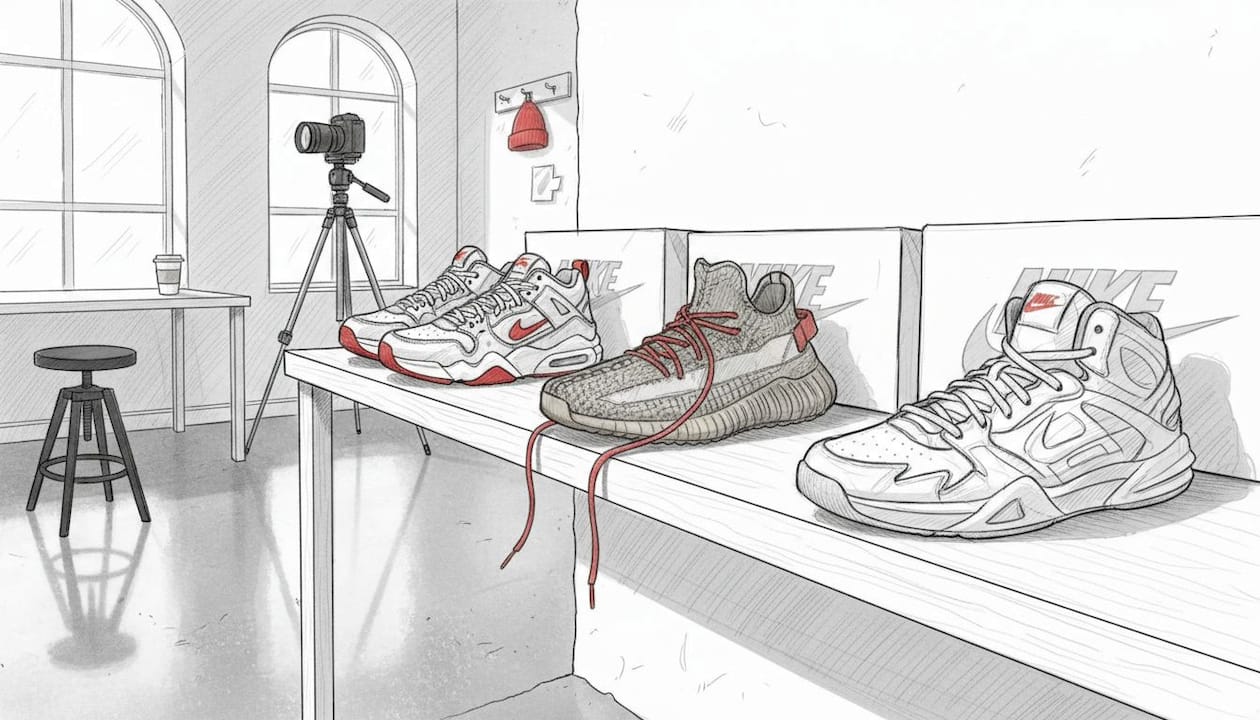 Three hyped sneakers on display shelf