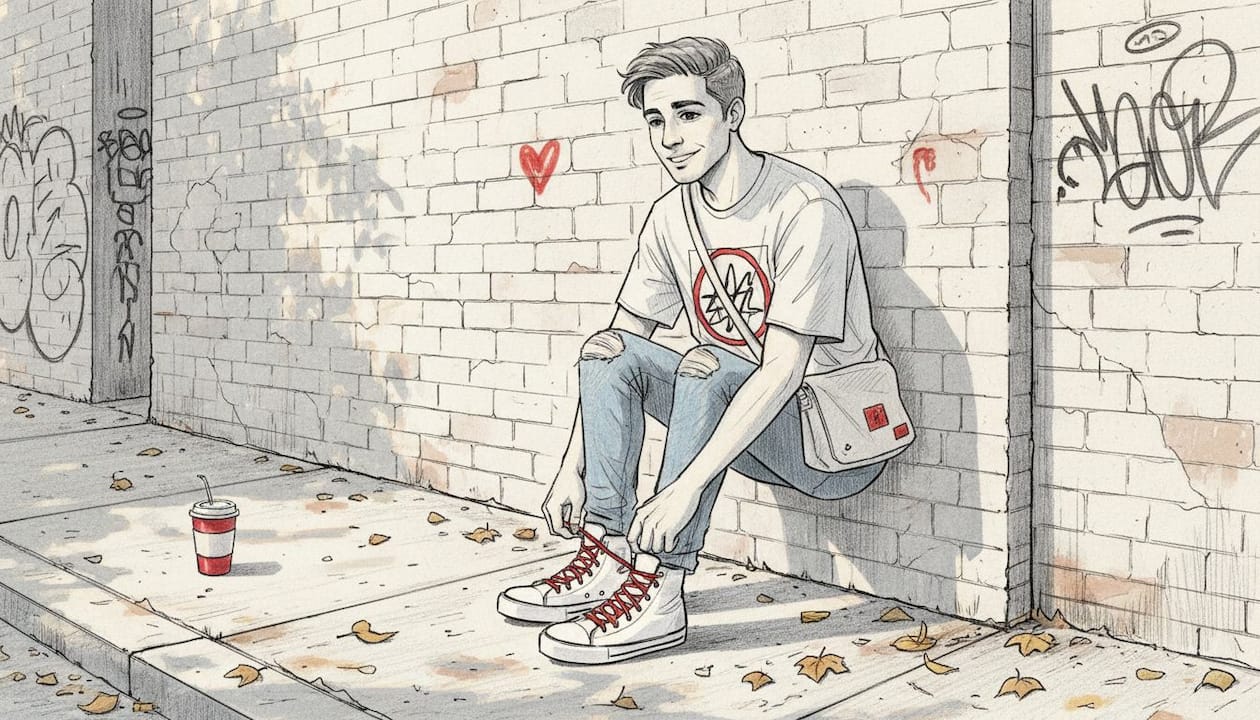 Urban youth tying sneakers near graffiti wall